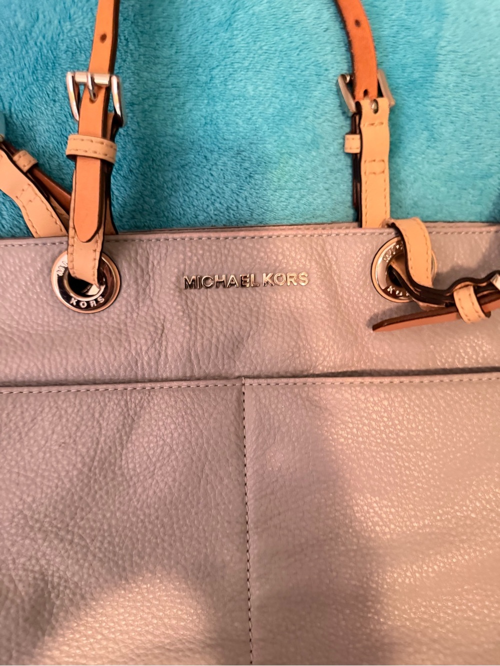 Michael Kors Pebbled Leather Tote in Light blue  with Tan Straps